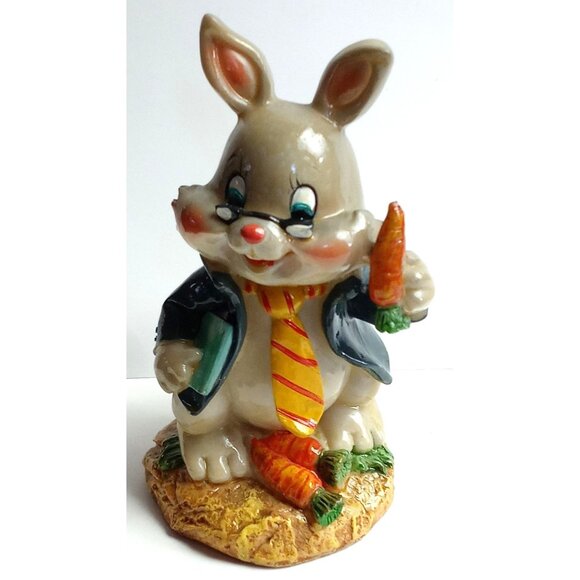 Whimsical Easter Bunny Rabbit Figurine 5" Gray Cheerful Adorable Festive Resin - Picture 2 of 9